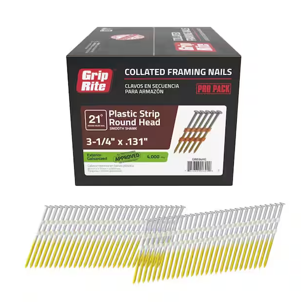 GRIP RITE 3-1/4X131 SMOOTH HOT GALV 4M FRAMING NAILS 4000CT 21DEGREE