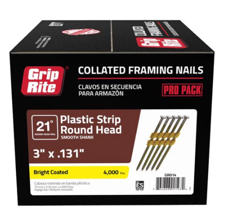 GRIP RITE 3X131 SMOOTH BRIGHT COATED 4M INTERIOR FRAMING NAILS 4000CT 21DEGREE