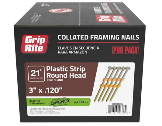 GRIP RITE 3X131 SMOOTH HOT GALV 4M FRAMING NAILS 4000CT